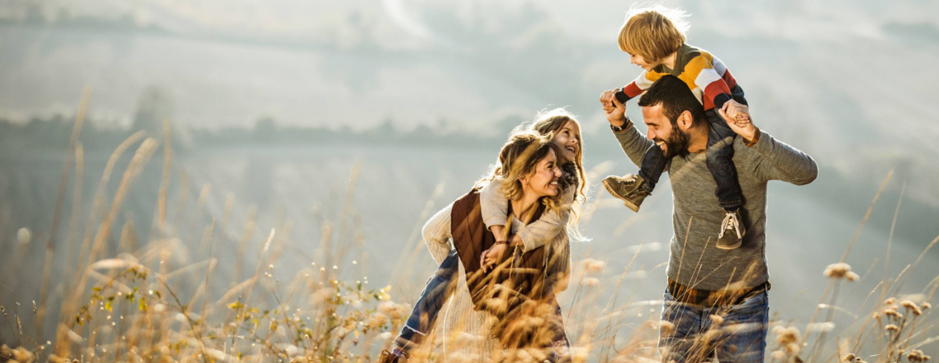 Shows family with kids playing in the fields.